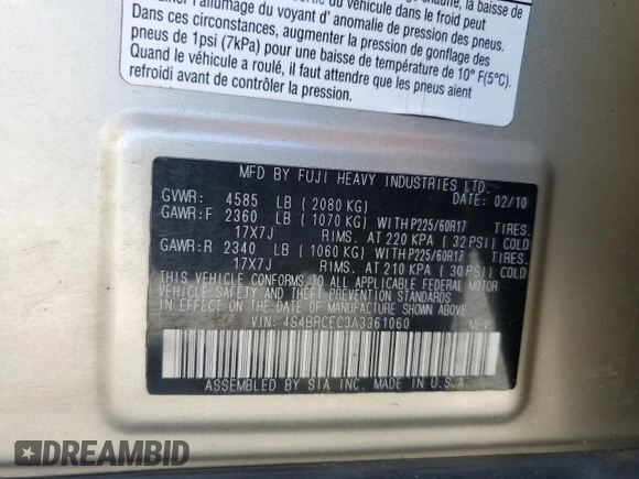 2010 Subaru Outback Premium z VIN 4S4BRCEC3A3361060, wystawiony jako Copart lot #70824114 z przebiegiem 154 524 mil mil oraz Szkoda całkowita • Salvage title. Historia ofert i sprzedaży dostępna na DreamBid. Obrazek 13.