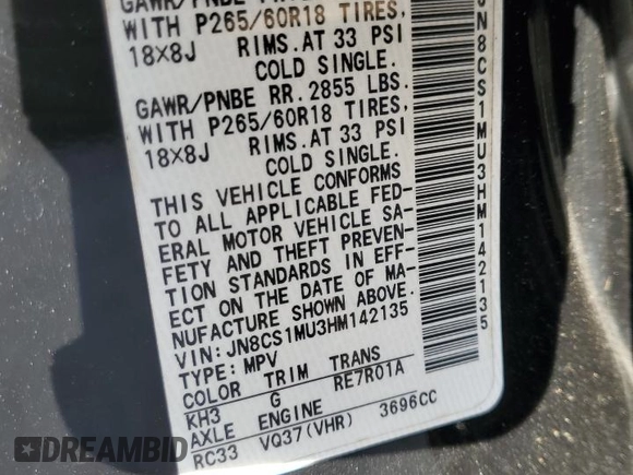 2017 Infiniti QX70 with VIN JN8CS1MU3HM142135, listed as a Copart auction lot 48859215 with 127,990 mi miles and Clean title. Bid and sale history available at DreamBid. Image 13.