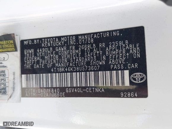2008 Toyota Camry LE with VIN 4T1BK46K38U573607, listed as a IAAI auction lot 41987661 with 175,444 mi miles. Bid and sale history available at carsss.com. Image 9.