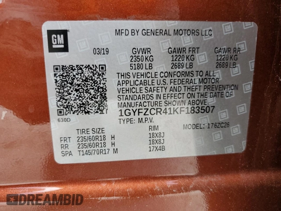 2019 Cadillac XT4 FWD Premium Luxury with VIN 1GYFZCR41KF183507, listed as a Copart auction lot 61581215 with 64,803 mi miles and Salvage title. Bid and sale history available at DreamBid. Image 12.