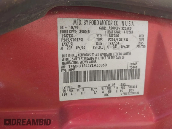 2000 Ford Expedition Eddie Bauer with VIN 1FMPU18L4YLA55368, listed as a IAAI auction lot 42195865 with Not provided miles and . Bid and sale history available at DreamBid. Image 9.