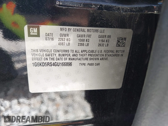 2016 Cadillac CT6 Luxury AWD with VIN 1G6KD5RS4GU166896, listed as a IAAI auction lot 41737650 with 58,118 mi miles and . Bid and sale history available at DreamBid. Image 9.