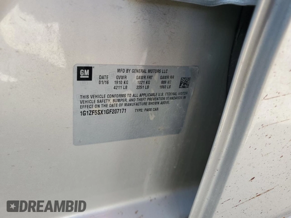 2016 Chevrolet Malibu LT with VIN 1G1ZF5SX1GF207171, listed as a Copart auction lot 48552905 with 117,825 mi miles and Salvage Title. Bid and sale history available at DreamBid. Image 12.