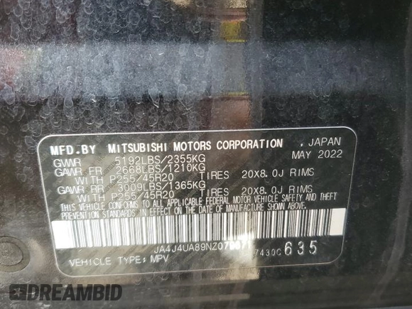 2022 Mitsubishi Outlander SE with VIN JA4J4UA89NZ079671, listed as a Copart auction lot 57293495 with 94,467 mi miles and Salvage title. Bid and sale history available at DreamBid. Image 13.