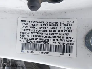 2016 Honda Civic Sedan LX with VIN 19XFC2F54GE215012, listed as a IAAI auction lot 42046334 with 146,348 mi miles. Bid and sale history available at carsss.com. Image 9.