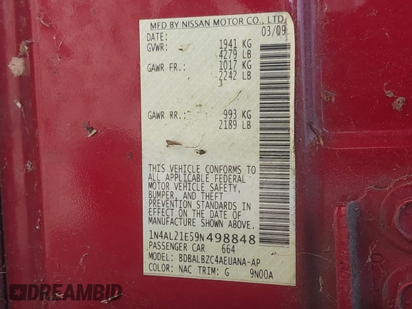 2009 Nissan Altima S with VIN 1N4AL21E59N498848, listed as a IAAI auction lot 42123097 with 132,913 mi miles and . Bid and sale history available at DreamBid. Image 9.
