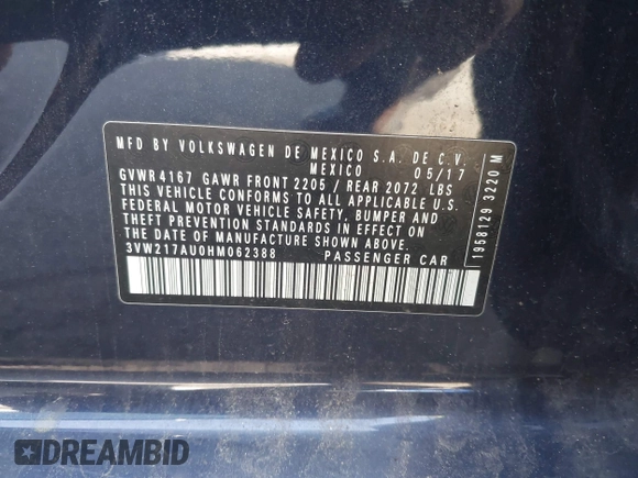 2017 Volkswagen Golf S with VIN 3VW217AU0HM062388, listed as a IAAI auction lot 42150384 with 74,966 mi miles and . Bid and sale history available at DreamBid. Image 9.