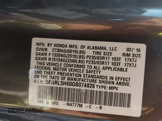 2016 Honda Odyssey EX-L with VIN 5FNRL5H60GB074826, listed as a IAAI auction lot 41733197 with Not Provided miles and . Bid and sale history available at DreamBid. Image 9.