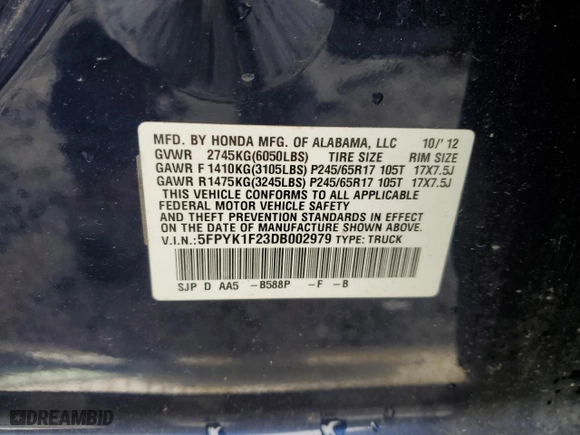 2013 Honda Ridgeline RT with VIN 5FPYK1F23DB002979, listed as a Copart auction lot 52128235 with 70,125 mi miles and Salvage Title. Bid and sale history available at carsss.com. Image 12.