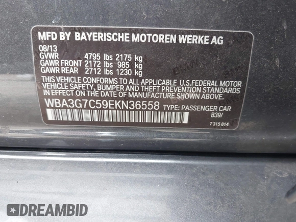 2014 BMW 3 Series 328i xDrive with VIN WBA3G7C59EKN36558, listed as a IAAI auction lot 41562676 with 129,616 mi miles and . Bid and sale history available at carsss.com. Image 9.