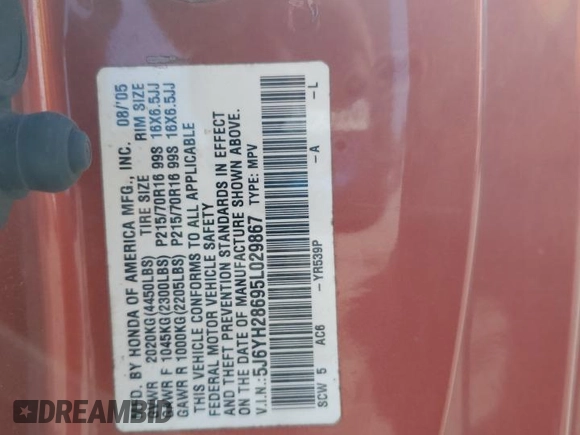 2005 Honda Element EX with VIN 5J6YH28695L029867, listed as a Copart auction lot 46743975 with 244,334 mi miles and Clean Title. Bid and sale history available at DreamBid. Image 13.