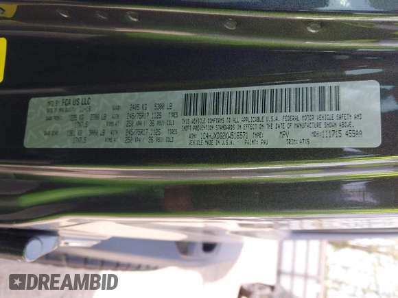 2019 Jeep Wrangler Unlimited Sport S with VIN 1C4HJXDG2KW516571, listed as a IAAI auction lot 42043223 with 58,131 mi miles and . Bid and sale history available at DreamBid. Image 9.