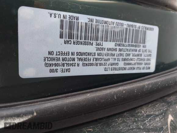 2000 Subaru Legacy Outback with VIN 4S3BH6650Y7653843, listed as a IAAI auction lot 42422050 with 215,782 mi miles and . Bid and sale history available at DreamBid. Image 9.