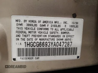 2000 Honda Accord SE with VIN 1HGCG6693YA047287, listed as a Copart auction lot 56838525 with 121,585 mi miles and Non repairable. Bid and sale history available at DreamBid. Image 12.