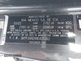2022 Kia Forte LXS with VIN 3KPF24ADXNE435362, listed as a IAAI auction lot 41624362 with 54,930 mi miles and . Bid and sale history available at DreamBid. Image 9.