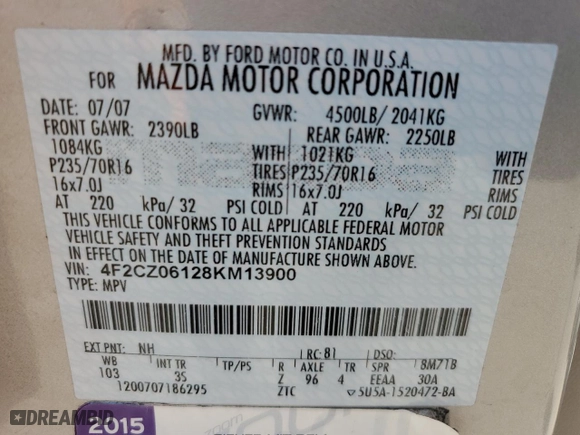 2008 Mazda Tribute ES with VIN 4F2CZ06128KM13900, listed as a Copart auction lot 51960155 with 178,328 mi miles and Salvage Title. Bid and sale history available at carsss.com. Image 13.
