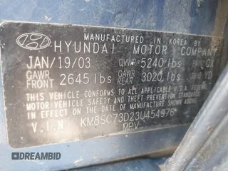 2003 Hyundai Santa Fe GLS with VIN KM8SC73D23U454976, listed as a IAAI auction lot 41777273 with 191,402 mi miles. Bid and sale history available at carsss.com. Image 9.
