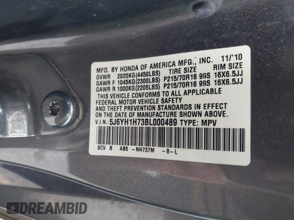 2011 Honda Element EX with VIN 5J6YH1H73BL000489, listed as a IAAI auction lot 41603976 with 145,573 mi miles and . Bid and sale history available at DreamBid. Image 9.