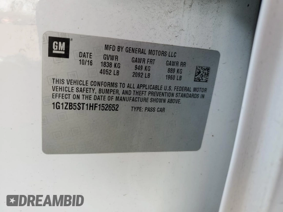 2017 Chevrolet Malibu LS with VIN 1G1ZB5ST1HF152652, listed as a Copart auction lot 50349895 with 77,852 mi miles and Salvage Title. Bid and sale history available at DreamBid. Image 12.