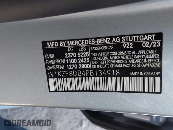 2023 Mercedes-Benz E-Class E 350 with VIN W1KZF8DB4PB134918, listed as a IAAI auction lot 41214628 with 1,787 mi miles. Bid and sale history available at carsss.com. Image 9.