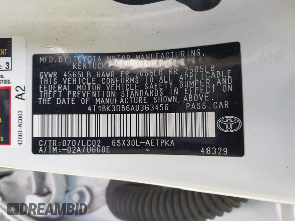 2010 Toyota Avalon XL with VIN 4T1BK3DB6AU363456, listed as a IAAI auction lot 41909395 with 251,402 mi miles and . Bid and sale history available at DreamBid. Image 9.
