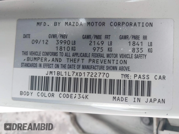 2013 Mazda 3 i Touring with VIN JM1BL1L7XD1722770, listed as a IAAI auction lot 42139943 with 102,562 mi miles and . Bid and sale history available at carsss.com. Image 9.