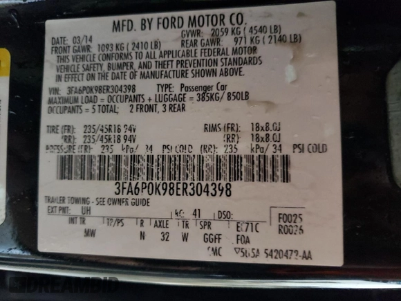 2014 Ford Fusion Titanium с VIN 3FA6P0K98ER304398, выставлен на аукционе Copart как лот 61048165 с пробегом 160 077 миль миль и Чистый • Clean title. История ставок и продаж доступна на DreamBid. Изображение 12.