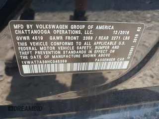 2017 Volkswagen Passat S with VIN 1VWAT7A39HC045359, listed as a IAAI auction lot 42576310 with 133,231 mi miles and . Bid and sale history available at DreamBid. Image 9.