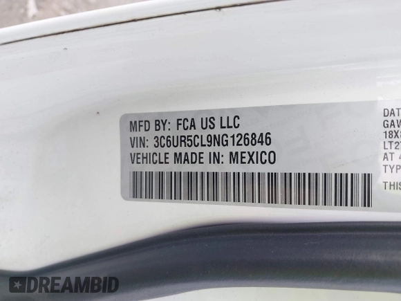 2022 Ram 2500 Tradesman with VIN 3C6UR5CL9NG126846, listed as a IAAI auction lot 42395508 with 54,602 mi miles and . Bid and sale history available at DreamBid. Image 9.