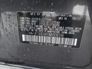 2021 Subaru WRX with VIN JF1VA1A69M9808396, listed as a IAAI auction lot 41576020 with 105,046 mi miles. Bid and sale history available at carsss.com. Image 9.