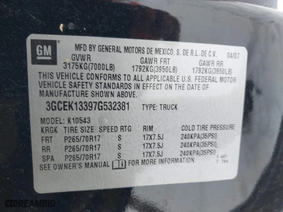 2007 Chevrolet Silverado 1500 LT w/1LT with VIN 3GCEK13397G532381, listed as a IAAI auction lot 41164920 with 212,354 mi miles. Bid and sale history available at carsss.com. Image 9.
