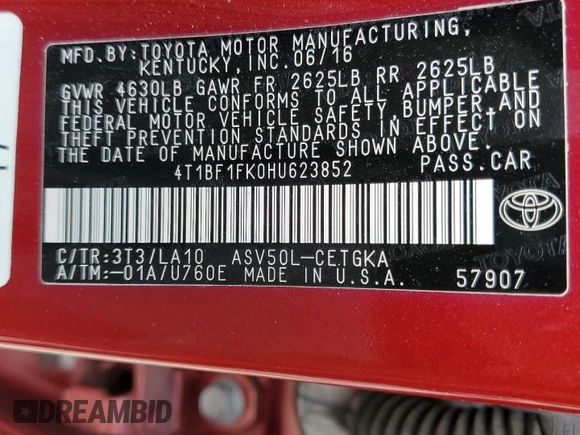 2017 Toyota Camry XLE with VIN 4T1BF1FK0HU623852, listed as a Copart auction lot 50007325 with 122,335 mi miles and Salvage Title. Bid and sale history available at carsss.com. Image 13.