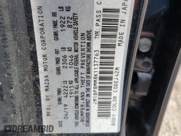 2019 Mazda Mazda3 Hatchback w/Preferred Pkg with VIN JM1BPBMM8K1137763, listed as a Copart auction lot 71498474 with 27,825 mi miles and Salvage Title. Bid and sale history available at carsss.com. Image 12.