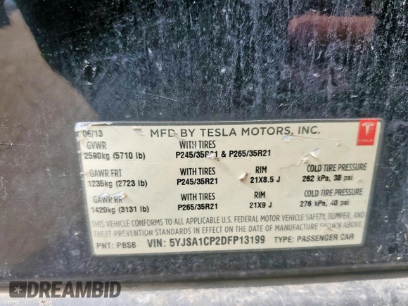 2013 Tesla Model S Performance z VIN 5YJSA1CP2DFP13199, wystawiony jako Copart lot #63225055 z przebiegiem Nie podano mil oraz Czysty tytuł • Clean title. Historia ofert i sprzedaży dostępna na DreamBid. Obrazek 13.