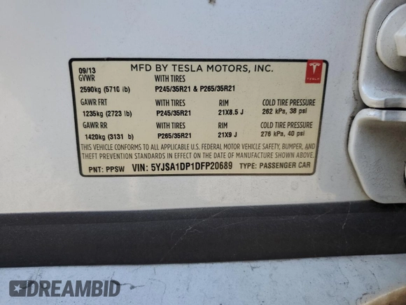 2013 Tesla Model S Performance z VIN 5YJSA1DP1DFP20689, wystawiony jako Copart lot #63685765 z przebiegiem 218 610 mil mil oraz Szkoda całkowita • Salvage title. Historia ofert i sprzedaży dostępna na DreamBid. Obrazek 12.