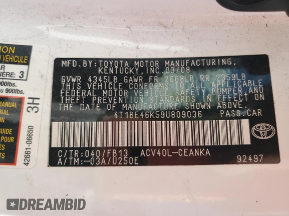 2009 Toyota Camry with VIN 4T1BE46K59U809036, listed as a Copart auction lot 45409065 with Not Provided miles and Non Repairable. Bid and sale history available at carsss.com. Image 13.