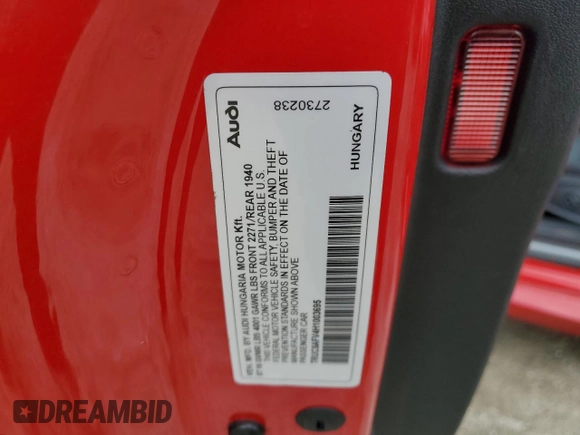 2017 Audi TT z VIN TRUC5AFV4H1003695, wystawiony jako Copart lot #79053054 z przebiegiem 45 496 mil mil oraz Szkoda całkowita • Salvage title. Historia ofert i sprzedaży dostępna na DreamBid. Obrazek 12.