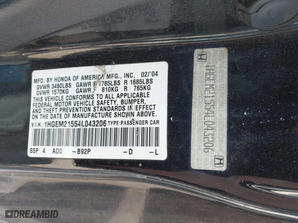 2004 Honda Civic LX with VIN 1HGEM21554L043206, listed as a IAAI auction lot 41915473 with 198,643 mi miles. Bid and sale history available at carsss.com. Image 9.