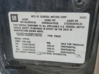 2003 Chevrolet Silverado 1500HD LT z VIN 1GCGC13U33F218722, wystawiony jako Copart lot #68624624 z przebiegiem 194 647 mil mil oraz Szkoda całkowita • Salvage title. Historia ofert i sprzedaży dostępna na DreamBid. Obrazek 12.