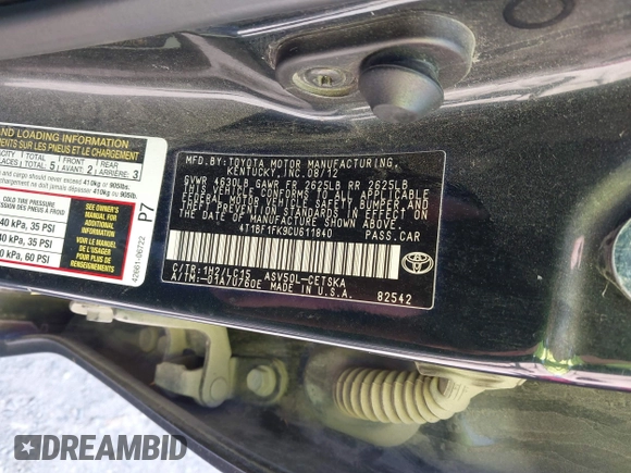 2012 Toyota Camry L with VIN 4T1BF1FK9CU611840, listed as a IAAI auction lot 42029268 with 212,972 mi miles. Bid and sale history available at carsss.com. Image 9.