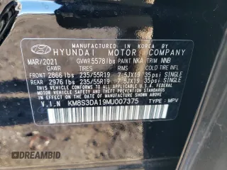 2021 Hyundai Santa Fe Hybrid SEL Premium with VIN KM8S3DA19MU007375, listed as a Copart auction lot 88517495 with 49,814 mi miles and Salvage Title. Bid and sale history available at carsss.com. Image 13.