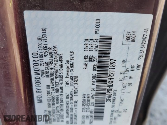 2017 Ford Fusion SE with VIN 3FA6P0HDXHR211897, listed as a Copart auction lot 83514654 with 128,914 mi miles and Salvage Title. Bid and sale history available at DreamBid. Image 15.