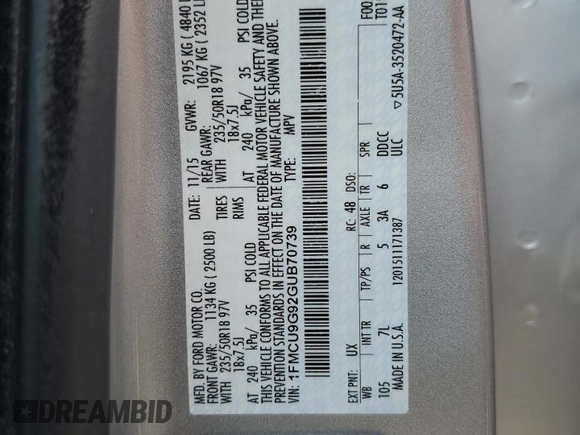 2016 Ford Escape SE с VIN 1FMCU9G92GUB70739, выставлен на аукционе Copart как лот 56491005 с пробегом 39 260 миль миль и Чистый • Clean title. История ставок и продаж доступна на DreamBid. Изображение 13.