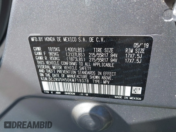 2019 Honda HR-V EX with VIN 3CZRU5H50KM719378, listed as a IAAI auction lot 41871358 with 56,610 mi miles. Bid and sale history available at carsss.com. Image 9.