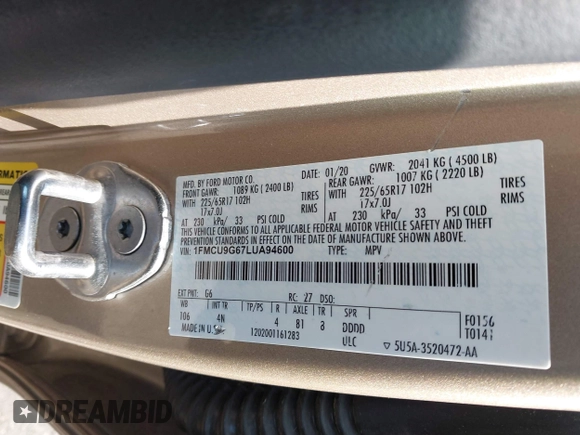 2020 Ford Escape SE с VIN 1FMCU9G67LUA94600, выставлен на аукционе IAAI как лот 42352070 с пробегом 8 миль миль и . История ставок и продаж доступна на DreamBid. Изображение 9.