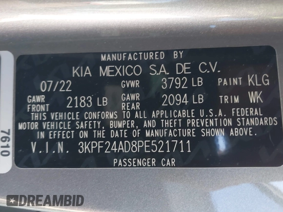 2023 Kia Forte LXS with VIN 3KPF24AD8PE521711, listed as a IAAI auction lot 41585460 with 62,360 mi miles. Bid and sale history available at carsss.com. Image 9.