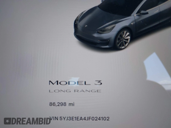 2018 Tesla Model 3 Long Range Battery with VIN 5YJ3E1EA4JF024102, listed as a IAAI auction lot 42100621 with 86,298 mi miles and . Bid and sale history available at DreamBid. Image 7.