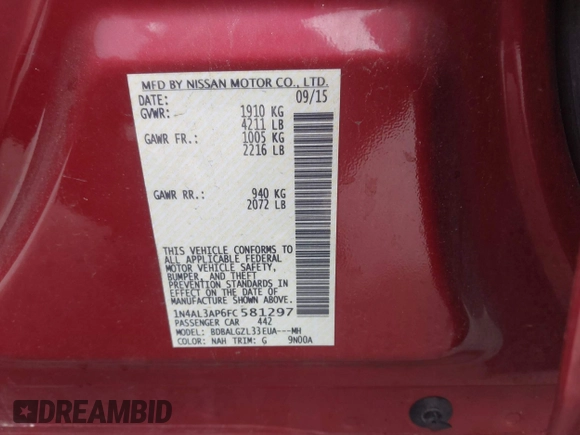 2015 Nissan Altima SV with VIN 1N4AL3AP6FC581297, listed as a IAAI auction lot 42120797 with 104,243 mi miles and . Bid and sale history available at DreamBid. Image 9.