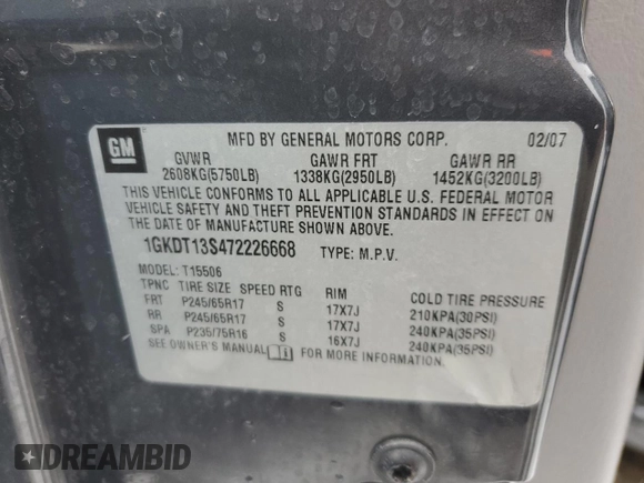 2007 GMC Envoy SLE with VIN 1GKDT13S472226668, listed as a Copart auction lot 88088195 with 189,215 mi miles and Salvage Title. Bid and sale history available at carsss.com. Image 13.