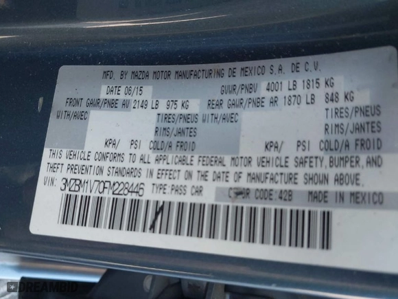 2015 Mazda Mazda3 i Touring with VIN 3MZBM1V70FM228446, listed as a IAAI auction lot 41888152 with 139,174 mi miles. Bid and sale history available at carsss.com. Image 9.